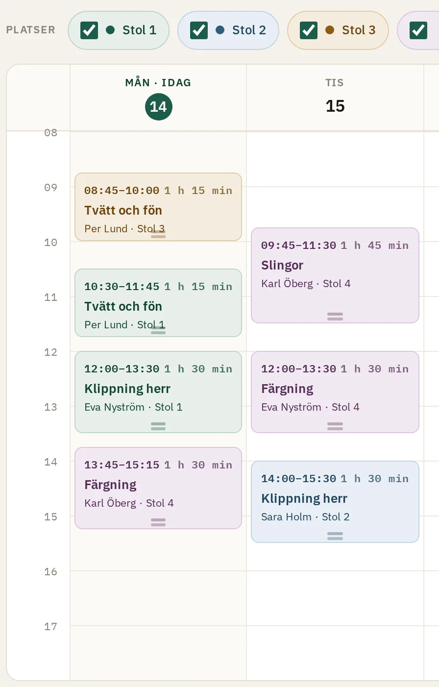 Kalendern i veckovy med en kolumn per plats och bokningar
                  utlagda på tider.