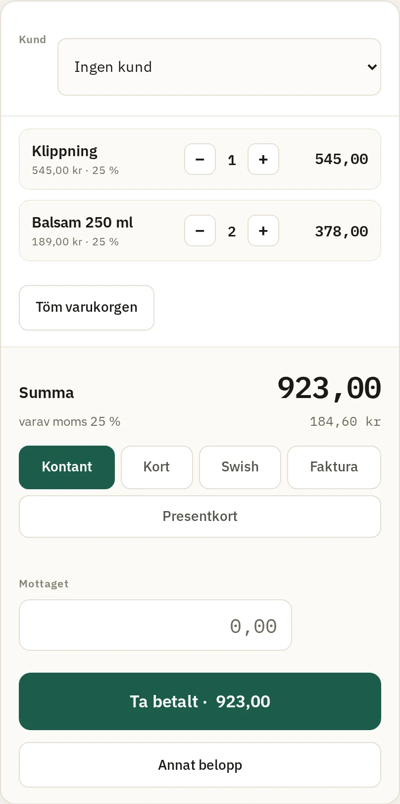 Kassavyn med två rader i varukorgen, summa att betala och
                  momsen uträknad ur priset.